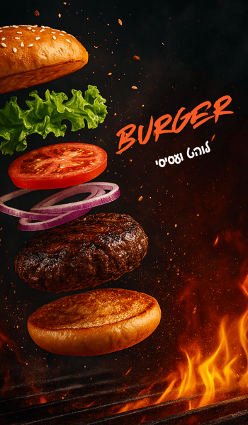 בורגר בשרי עף באוויר על מנגל כפרסומת להמבורגר